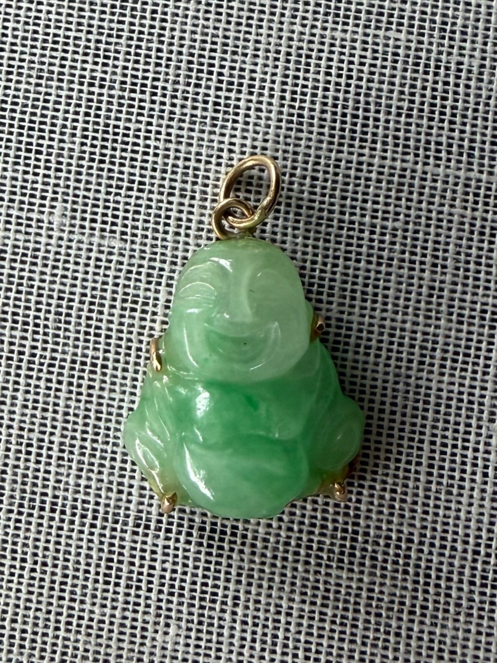 Vintage Green Jade Laughing Buddha Pendant | Buddha Charm | Yellow Gold Mount |